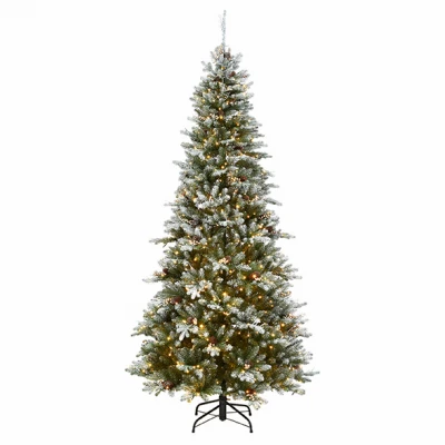 Feel Real Artificial Pre-Lit Snowy Morgan Spruce Christmas Tree with 700 Dual LED Lights, 7.5 Feet Tall