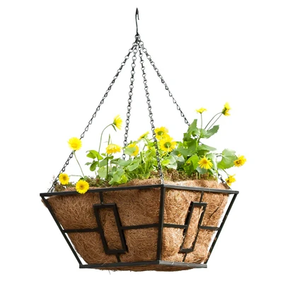 Hanging Plant Basket, Black Steel, 14-Inch Square, Durable Outdoor Planter