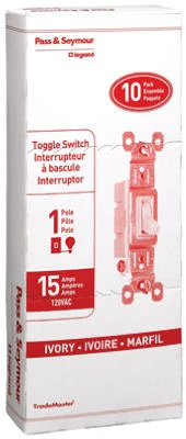 Pass & Seymour Single Pole Toggle Light Switch, 15-Amp 120-Volt, Ivory, 10-Pk.