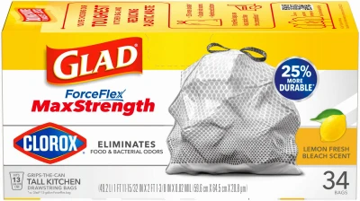 ForceFlex Plus Drawstring Trash Bags, Lemon Fresh Bleach Odor Shield with Clorox, 13 Gallon, 34-Ct.