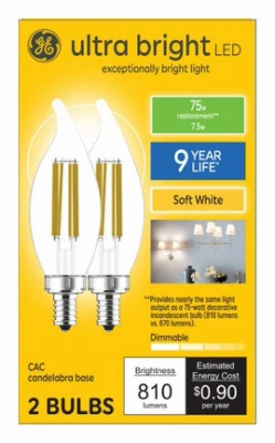 Ultra Bright LED Candle Shape Light Bulb, Candelabra Base, 7.5 Watt, 2-Pk.