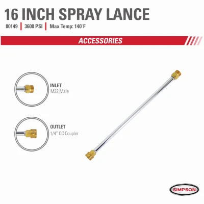 Pressure Washer Spray Wand with 3,400 PSI Rating, 1/4 Inch Coupler, 16 Inch Length