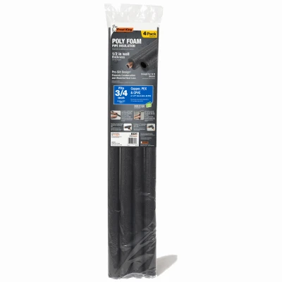 Tubular Pipe Insulation, Polyethylene Foam, Pre-Slit, For 3/4 or 1/2 In. Pipes, Black, 3 Ft., 4-Pk.