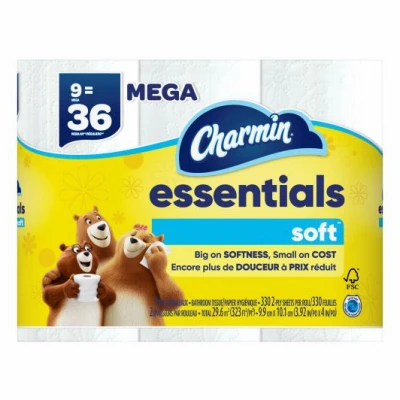 Essentials Soft Toilet Paper, 330 Sheets Per Mega Roll, 9-Pk.