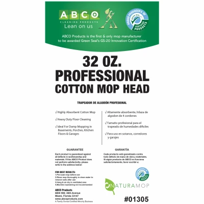 32 Ounce 4 Ply Natural Cotton Yarn Mop Head with Cut End and Blue White Ribbon Green Seal Certified