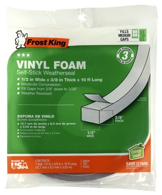 Vinyl Foam Weatherseal Tape, 1/2W x 3/8 In. T x 10 Ft.