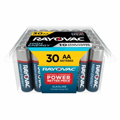 High Energy AA (Double A) Alkaline Batteries, 30 Pack