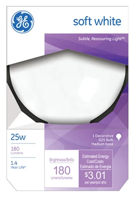 Decorative Globe Light Bulb, White, 3 In. Diam., 25 Watt
