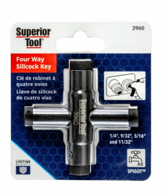4-Way Outdoor Sillcock Key, Compact, Square Stems