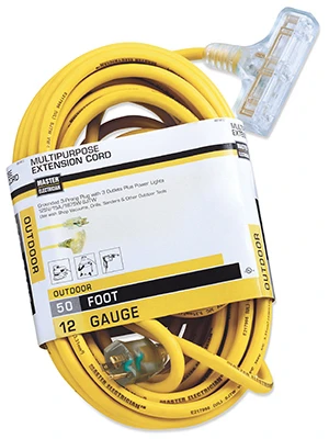 50-Foot Yellow 3-Outlet Extension Cord 12/3 SJTW Heavy Duty