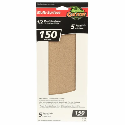 5-Pk., 1/2-Sheet 150-Grit Sandpaper