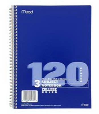 3-subject Spiral Notebook, 10.5 X 8 In., 120 Sheets With Dividers