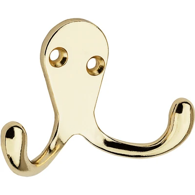 Wall Hook for Clothes, Double Prong, Bright Brass, 2-Pk.