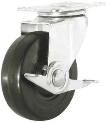 Rubber Wheel Swivel Plate Caster, Side Brake, 5 In.