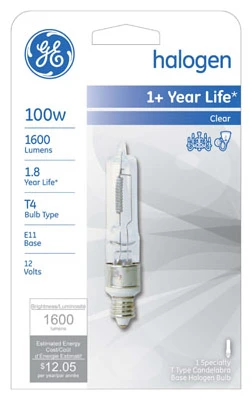 Quartz Halogen Light Bulb, Mini Candelabra Base, 100 Watt