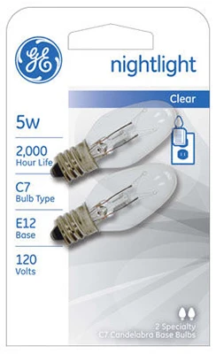 Night Light Bulb, Clear, 5 Watt, 2-Pk.