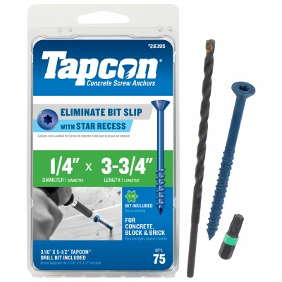 Concrete Anchors, Star Drive, 1/4 x 3-3/4 In., 75-Pk.