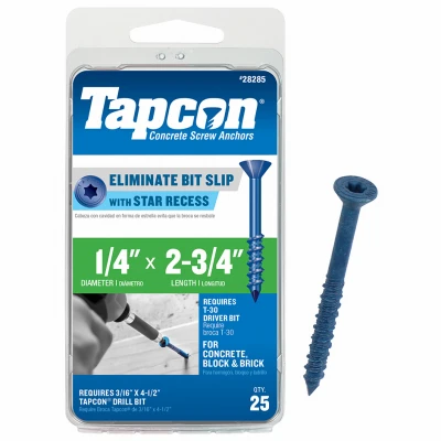 Concrete Anchors, Star Drive, 1/4 x 2-3/4 In., 25-Pk.