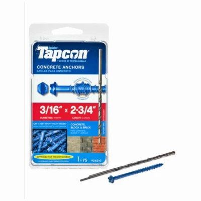 Concrete Anchors, Hex Washer Head, 3/16 x 2-3/4 In., 75-Pk.