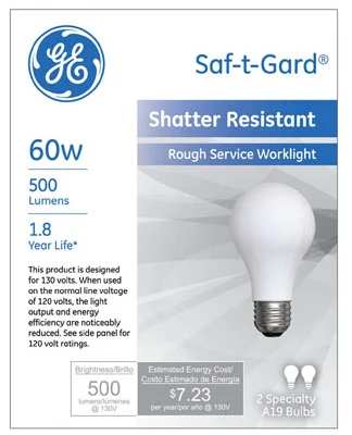Saf-T-Gard Rough Service Light Bulb, Shatter Resistant, 60 Watt