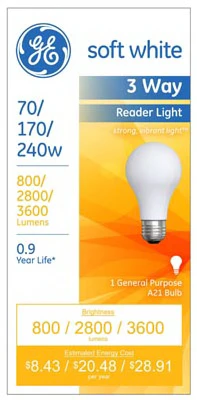 3-Way Reader Light Bulb, Soft White, A23 Medium Base, 70/170/240 Watt