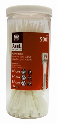 Self-locking Nylon Cable Tie Assortment, 500-piece, Natural Color