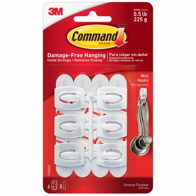 COMMAND Mini Hooks with Adhesive Strips, White, 6-Pk.