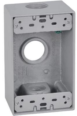 1 Gang Outlet Box, Rectangular, Gray, Weatherproof, Three 0.75 In. Holes
