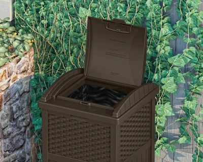 Trash Can Hideaway Brown Wicker-Look Resin Outdoor Storage Container