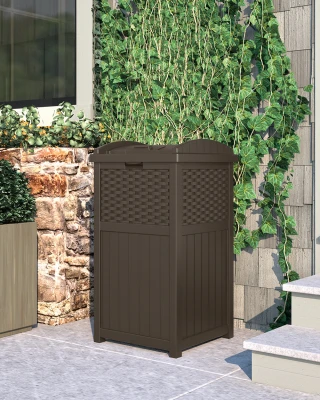 Trash Can Hideaway Brown Wicker-Look Resin Outdoor Storage Container