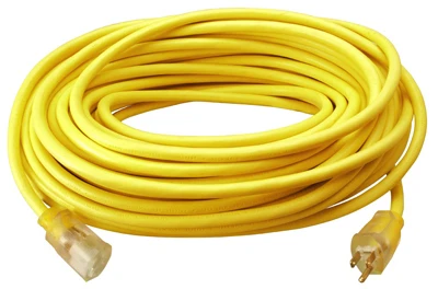 Extension Cord, 12/3, SJTW, Yellow Round Vinyl, Lighted End, 25-Ft.