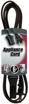 Miniature Plug Appliance Cord, 18 Gauge 2 Conductor High Performance Nylon, Black, 6 Feet