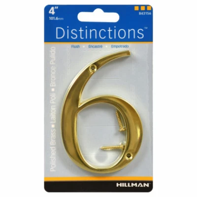 Distinctions House Address Number 6, Screw-In, Polished Brass, 4-In.