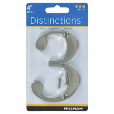 Distinctions House Address Number 3, Screw-In, Brushed Nickel Zinc, 4-In.