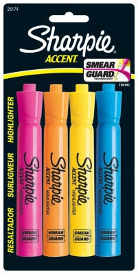 Fluorescent Accent Highlighters, Assorted Colors, 4-Pk.