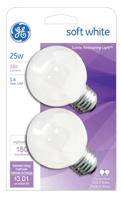 White Incandescent Globe Lamps, 25 Watt, 2-Pk.