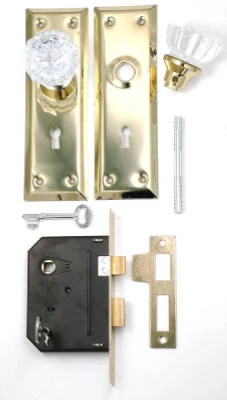 Door Knob & Mortise Lock Combo, Brass-Plated Steel & Glass Knobs