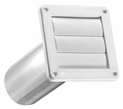 4 In. Exhaust Wall Louvered Vent, White Plastic, 11 In. Tail Pipe