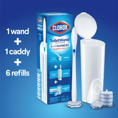 Toilet Wand Starter Kit With Caddy And 6 Disposable Scrubbing Pads