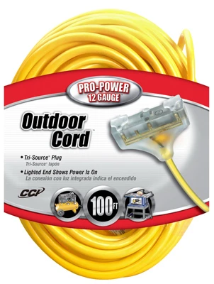 3-Outlet Extension Cord, 12/3 SJTW-A Yellow, 100 Ft.