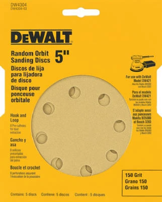  150-Grit, 5-In., 8-Hole, Hook-and-Loop Random Orbit Sandpaper, 5-Pk.