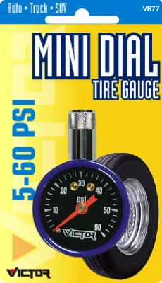 VICTOR Tire Gauge, Mini Dial, 5-50 PSI