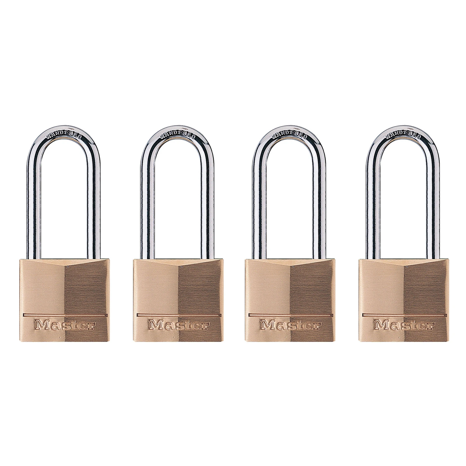 Solid-Brass Keyed-Alike Padlocks, Long Shackle, 4-Pack, 1-9/16 In.