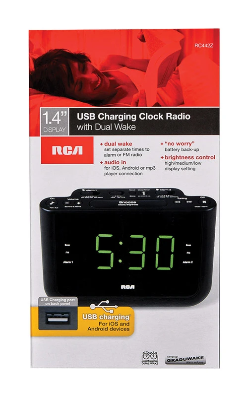 Black Usb Clock Radio With Dual Wake And Large Led Display, Model Rc442a