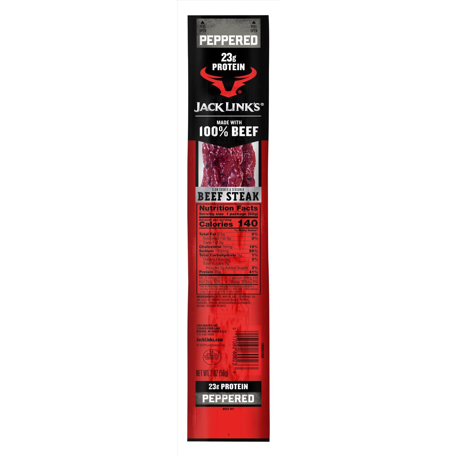 Peppered Beef Steak Jerky Meat Snacks, 2 Ounce Package
