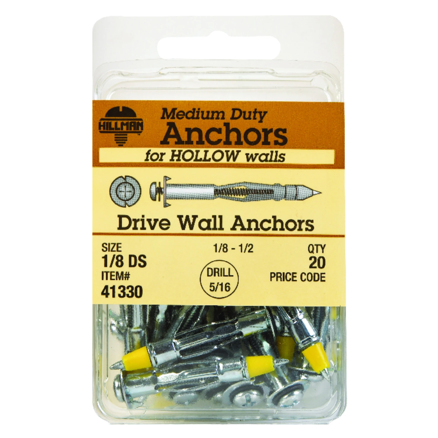 1/8 In. Short Drive Hollow Wall Anchors, 20 Ct., Model 41330, Zinc Steel