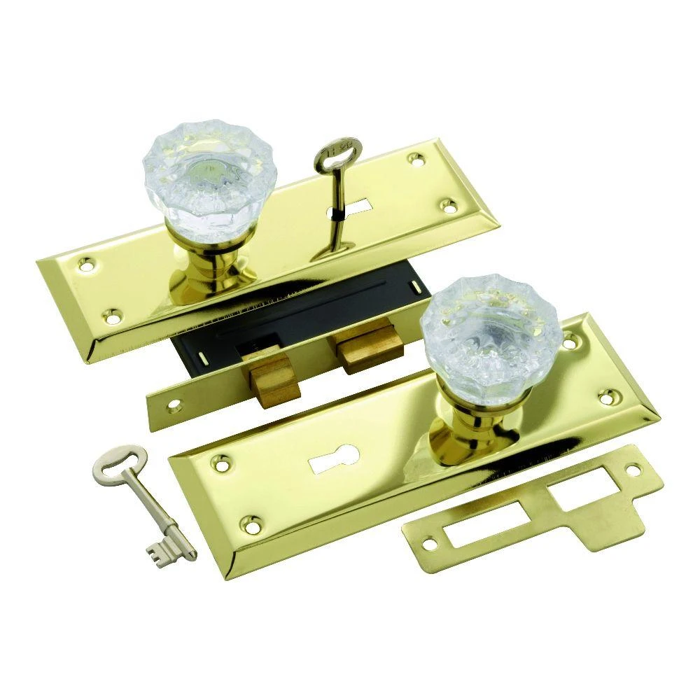 Brass-plated Steel & Glass Door Knob And Mortise Lock Combo, Model 1139