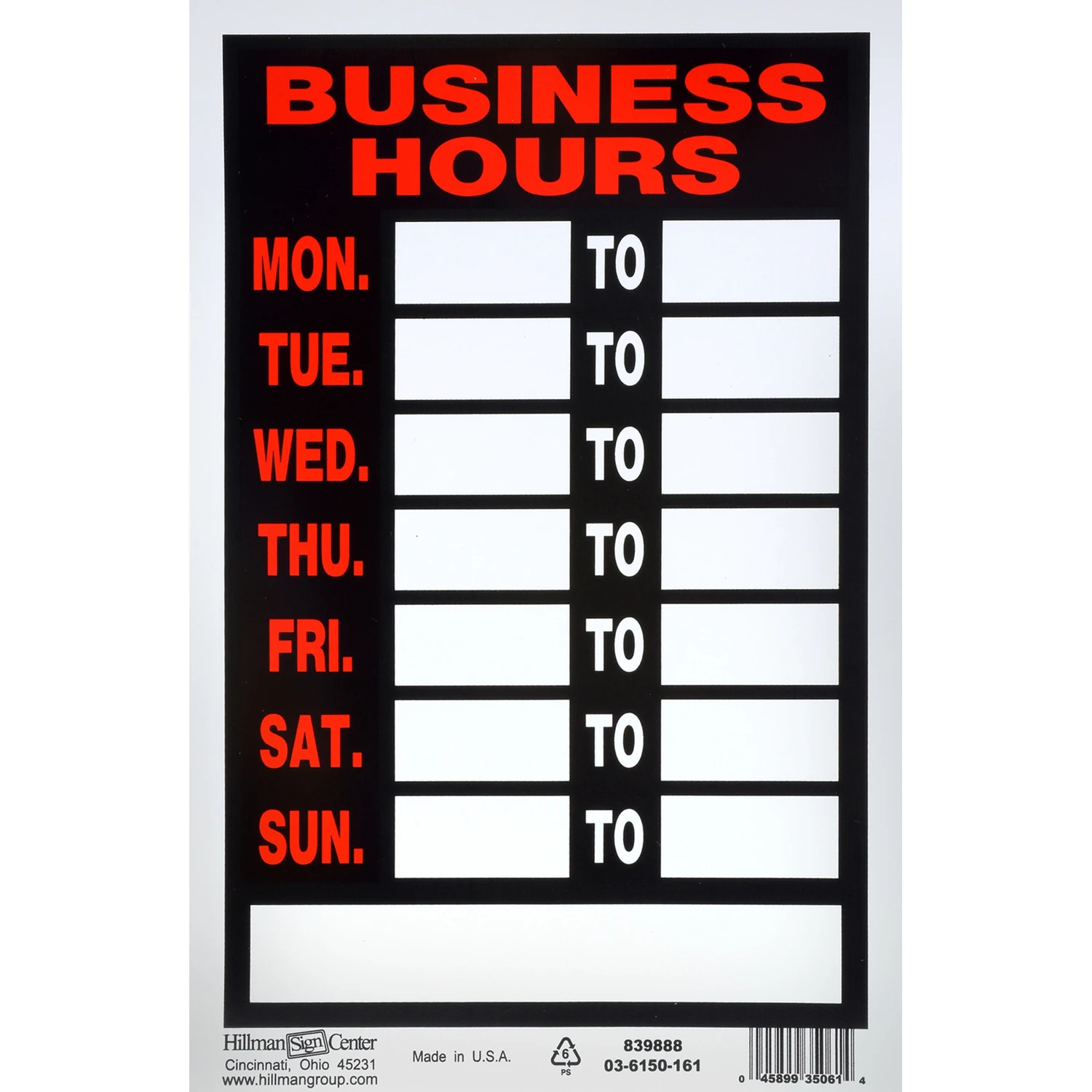 Business Hours Sign, Black and Red, 8 Inch by 12 Inch