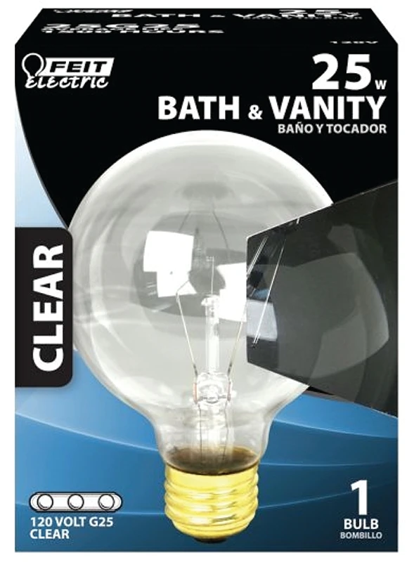 25g25 25 Watt Clear Globe Bulb For Bath & Vanity Fixtures, 120v