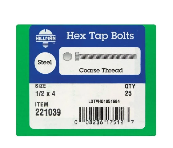 Hillman 1/2 in. D X 4 in. L Zinc Plated Steel Hex Bolt 25 pk Hillman 1/2 in. D X 4 in. L Zinc Plated Steel Hex Bolt 25 pk